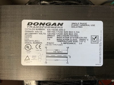 DONGAN TDL12-230Y SINGLE PHASE LIGHTING DISCONNECT TRANSFORMER 2KVA PRI 480V SEC8