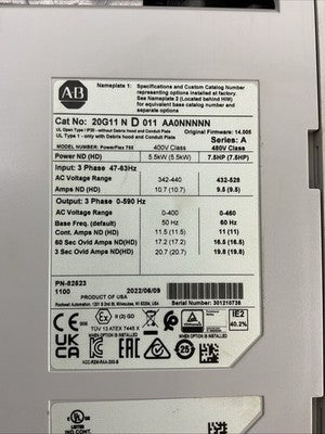 ALLEN BRADLEY 20G11 N D 011 AA0NNNNN SER A FIRMWARE 14.005 AC DRIVE 7.5HP1