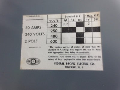 FEDERAL PACIFIC QMQB-3022 PANEL SWITCH - 240V, 30A, 2 POLE2