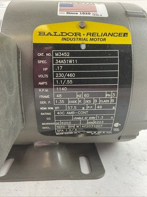BALDOR M3452 34A51W11 INDUSTRIAL MOTOR 0.17HP 230/460V 1.1/.55A 1140RPM 60HZ 3PH2