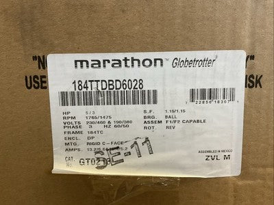 MARATHON GLOBETROTTER 184TTDBD6028 MOTOR 5/3HP 1765/1475RPM 3PH 60/50HZ0