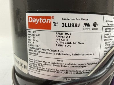 DAYTON 3LU98J CONDENSER FAN MOTOR 1/2HP 460V 1075RPM 2.1AMP 60HZ 1PH2