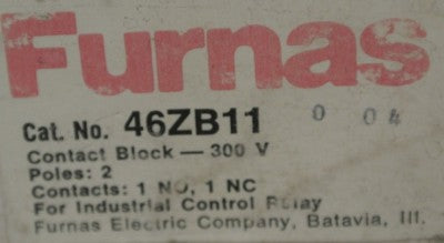 FURNAS 46ZB11 / CONTACT BLOCK / 2-POLE / 1 N.C., 1 N.O. / NEW SURPLUS1