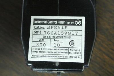 WESTINGHOUSE BFE51F INDUSTRIAL CONTROL RELAY, TYPE BF 300V, 10A - NEW, NO COIL1