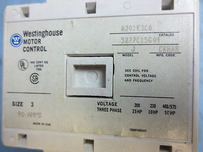 WESTINGHOUSE A201K3CA MOTOR CONTROL - SIZE 3 - MODEL J - 90A - 3-PH 5277C15G042