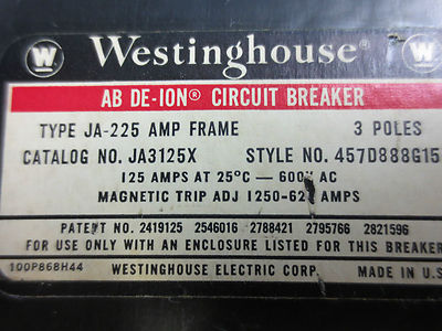 WESTINGHOUSE JA3125X MOLDED CASE CIRCUIT BREAKER 125A 600VAC 3-POLE1