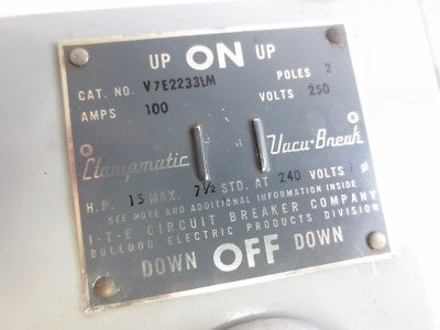 I-T-E V7E2233LM TWIN PANEL SWITCH 250VAC, 100A, 2-POLE - 7.5HP @240V, 15 HP MAX1