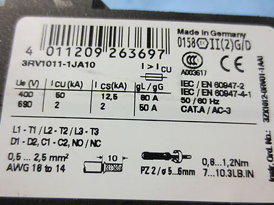 SIEMENS CONTACTOR 3RV1011-1JA10 - 80A @ 400V - 50A @ 690V1