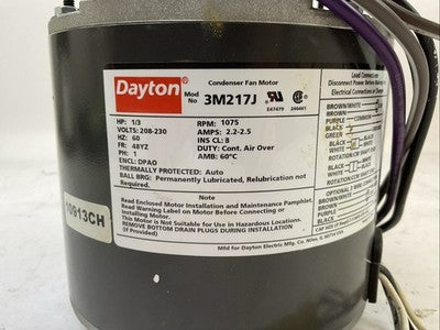 DAYTON 3M217J CONDENSER FAN MOTOR 1/3HP 1075RPM 208-230V 60HZ 2.2-2.5A 1PH2