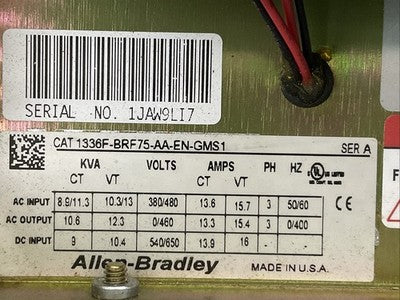 ALLEN BRADLEY 1336F-BRF75-AA-EN-GMS1 SER A 1336 PLUS II SENSORLESS VECTOR DRIVE1