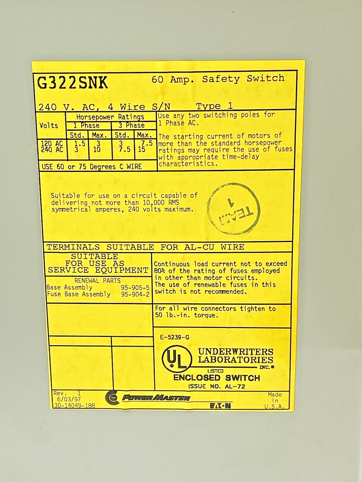 EATON - POWER MASTER - G322SNK - SAFETY SWITCH W/FUSES - 60 A, 240 VAC, TYPE 16