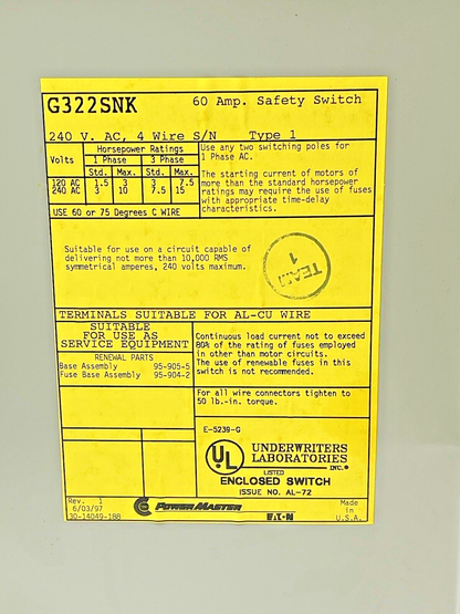 EATON - POWER MASTER - G322SNK - SAFETY SWITCH W/FUSES - 60 A, 240 VAC, TYPE 16