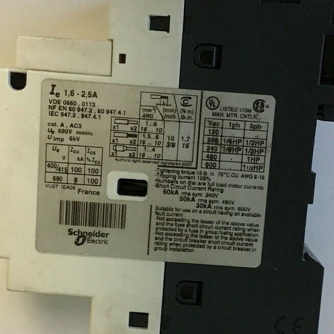 TELEMECANIQUE GV2-P07 MOTOR STARTER 1.6-2.5A 1 1/2HP 600VAC4