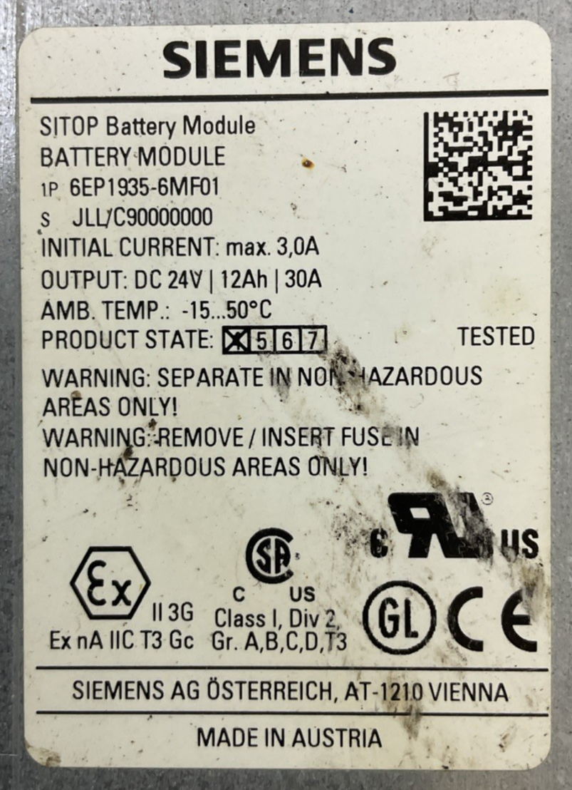 SIEMENS 1P 6EP1935-6MF01 SITOP BATTERY MODULE OUTPUT 24VDC1