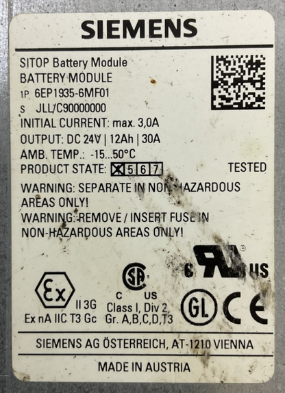 SIEMENS 1P 6EP1935-6MF01 SITOP BATTERY MODULE OUTPUT 24VDC1