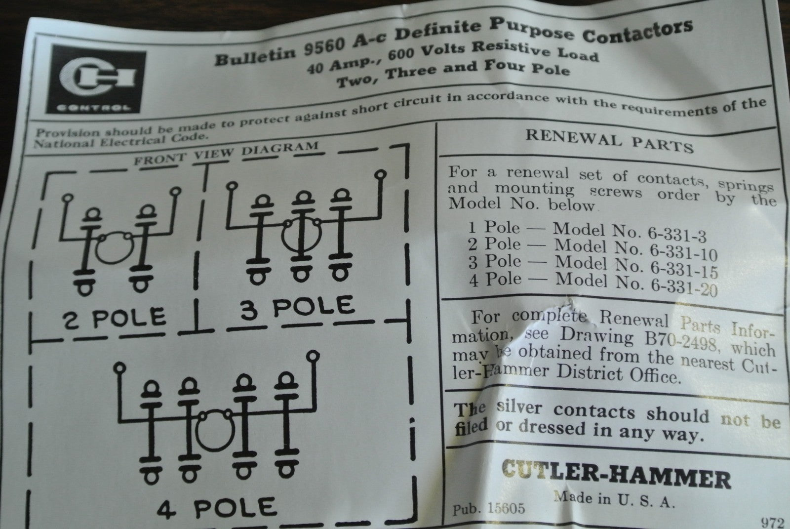 CUTLER-HAMMER 9560H1409-49 DEF PURPOSE CONTACTOR 40A 104/120V COIL 9560H1409B7