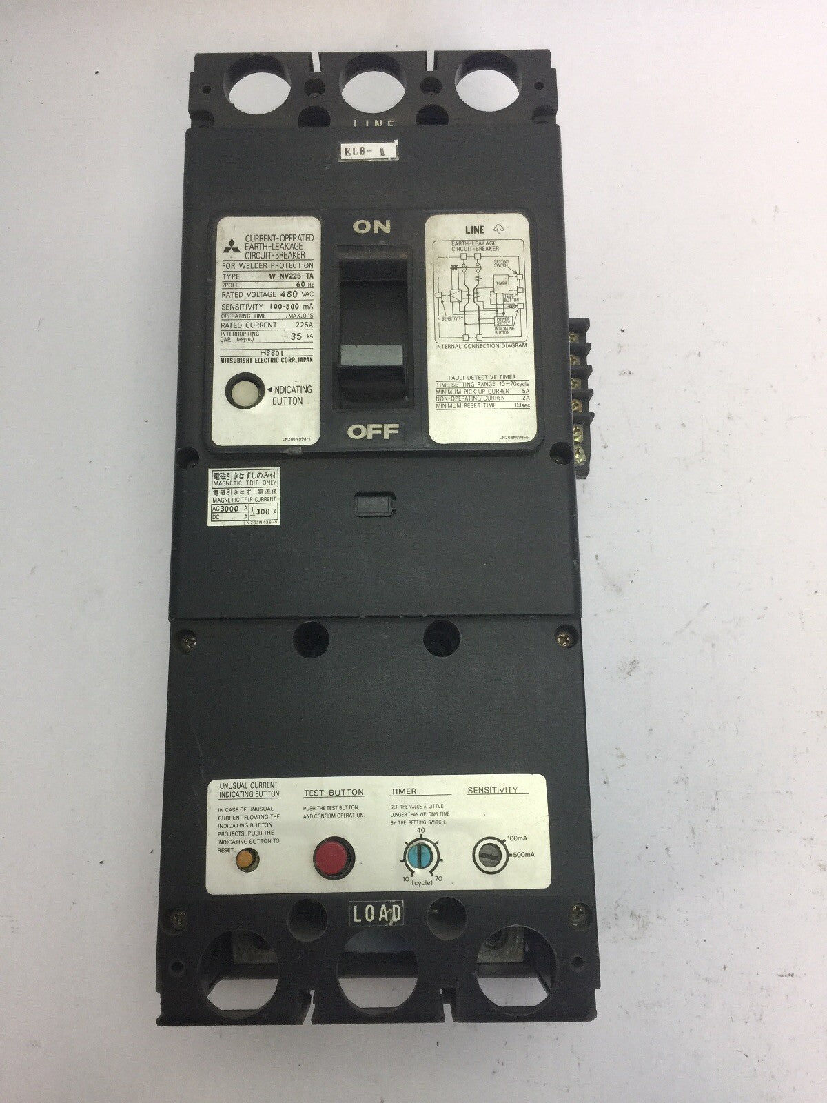 MITSUBISHI W-NV225-TA CURRENT-OPERATED EARTH-LEAKAGE CIRCUIT BREAKER 225A 480VAC0