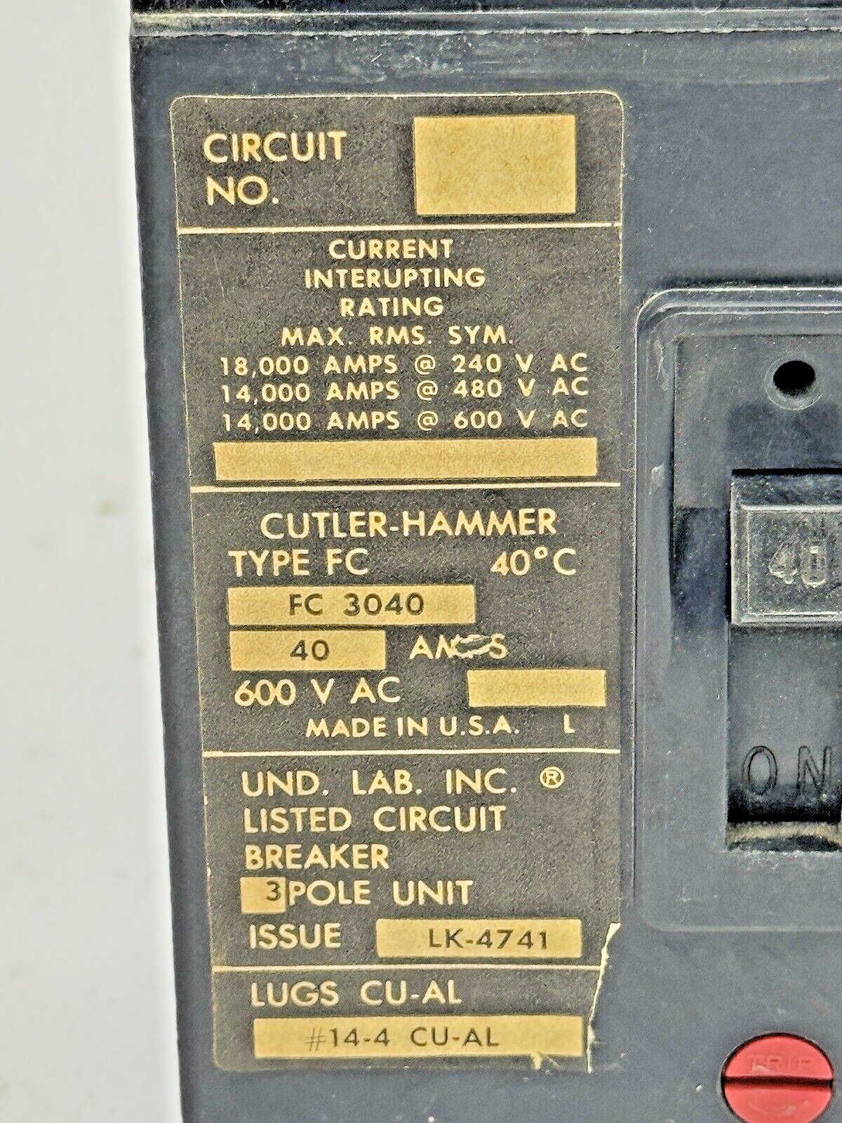 CUTLER-HAMMER - FC3040 - CIRCUIT BREAKER - 40A/ 600 VAC/ 3 POLE2