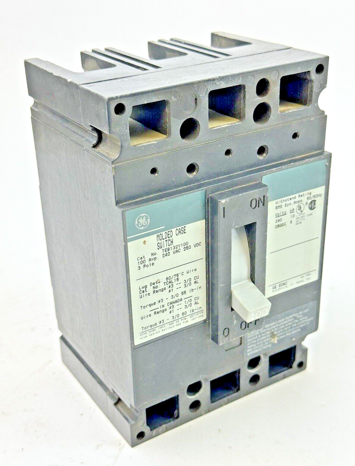 GE - TEB132Y100 - MOLDED CASE SWITCH - 100 A, 240 VAC, 250 VDC, 3 POLE0