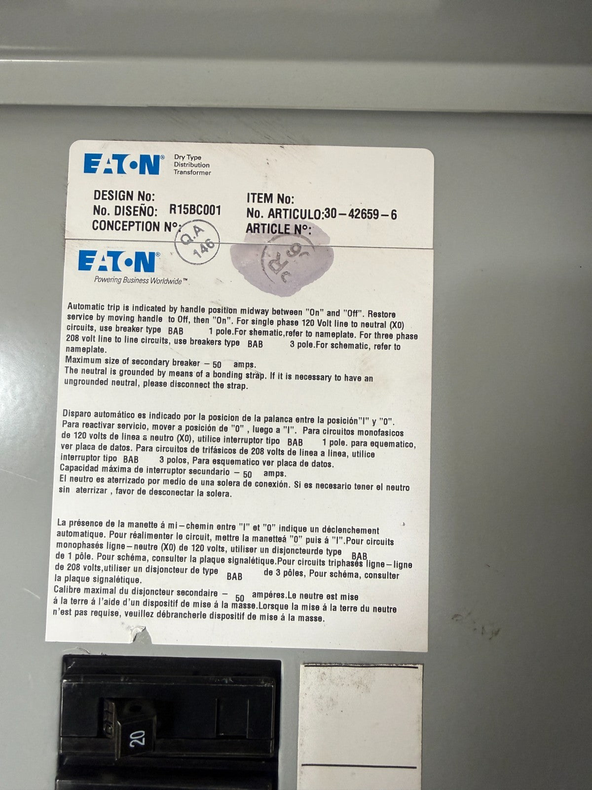 MINI POWER CENTER P48G28T1518CUB PRI VOLTS 480 DELTA SEC VOLTS 208Y/120 15KVA5