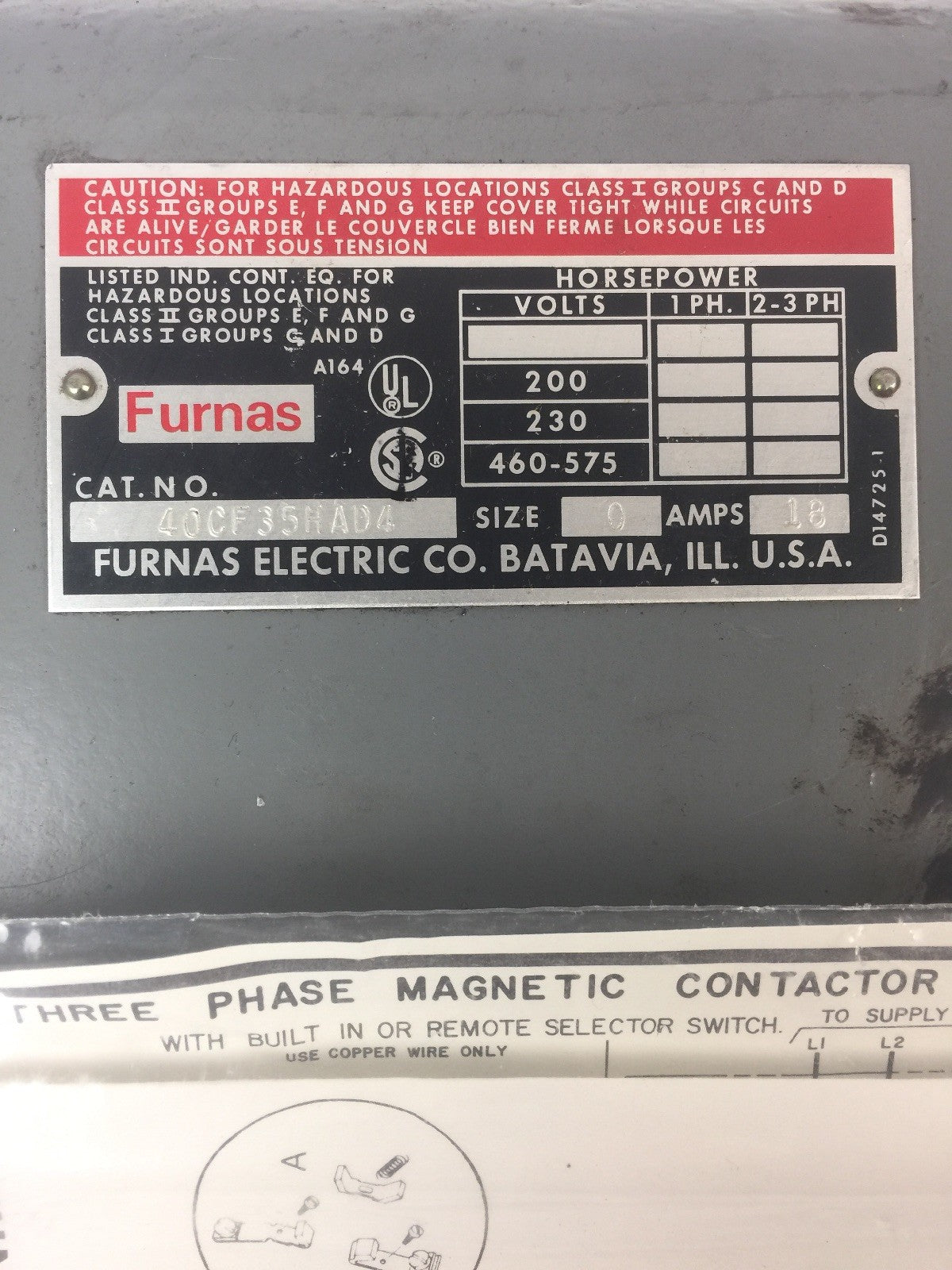 FURNAS 40CF35HAD4 THREE PHASE CONTACTOR 600VAC 20A COIL 110-120V 220-240V 60HZ3