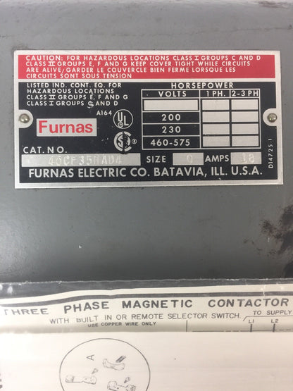 FURNAS 40CF35HAD4 THREE PHASE CONTACTOR 600VAC 20A COIL 110-120V 220-240V 60HZ3
