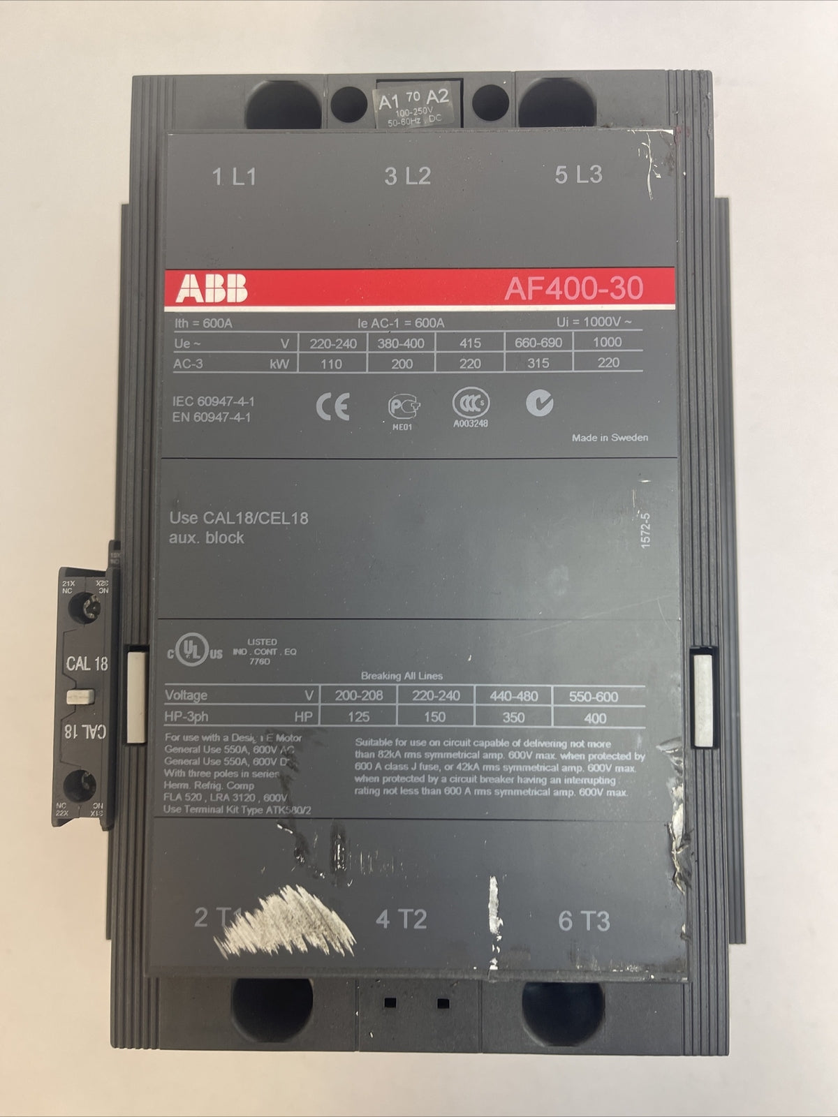 ABB AF400-30 CONTACTOR 600V 400HP 3PH 3POLE 550A COIL 100-250VDC0