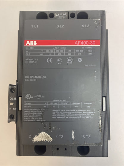 ABB AF400-30 CONTACTOR 600V 400HP 3PH 3POLE 550A COIL 100-250VDC0