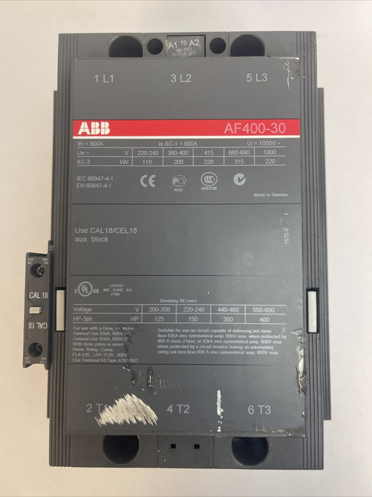 ABB AF400-30 CONTACTOR 600V 400HP 3PH 3POLE 550A COIL 100-250VDC0