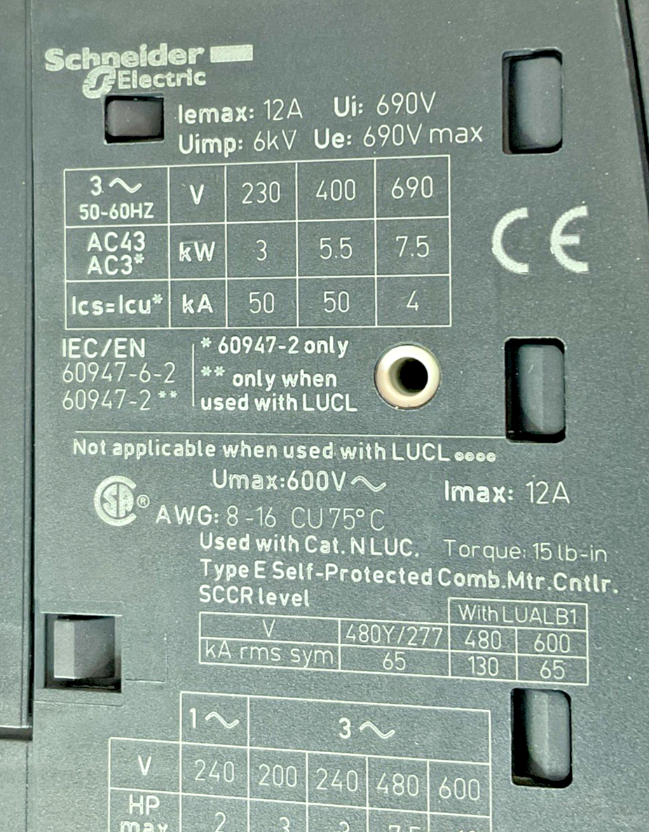 SCHNEIDER ELECTRIC LUCA05FU MANUAL MOTOR STARTER 240V CLASS104