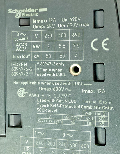 SCHNEIDER ELECTRIC LUCA05FU MANUAL MOTOR STARTER 240V CLASS104