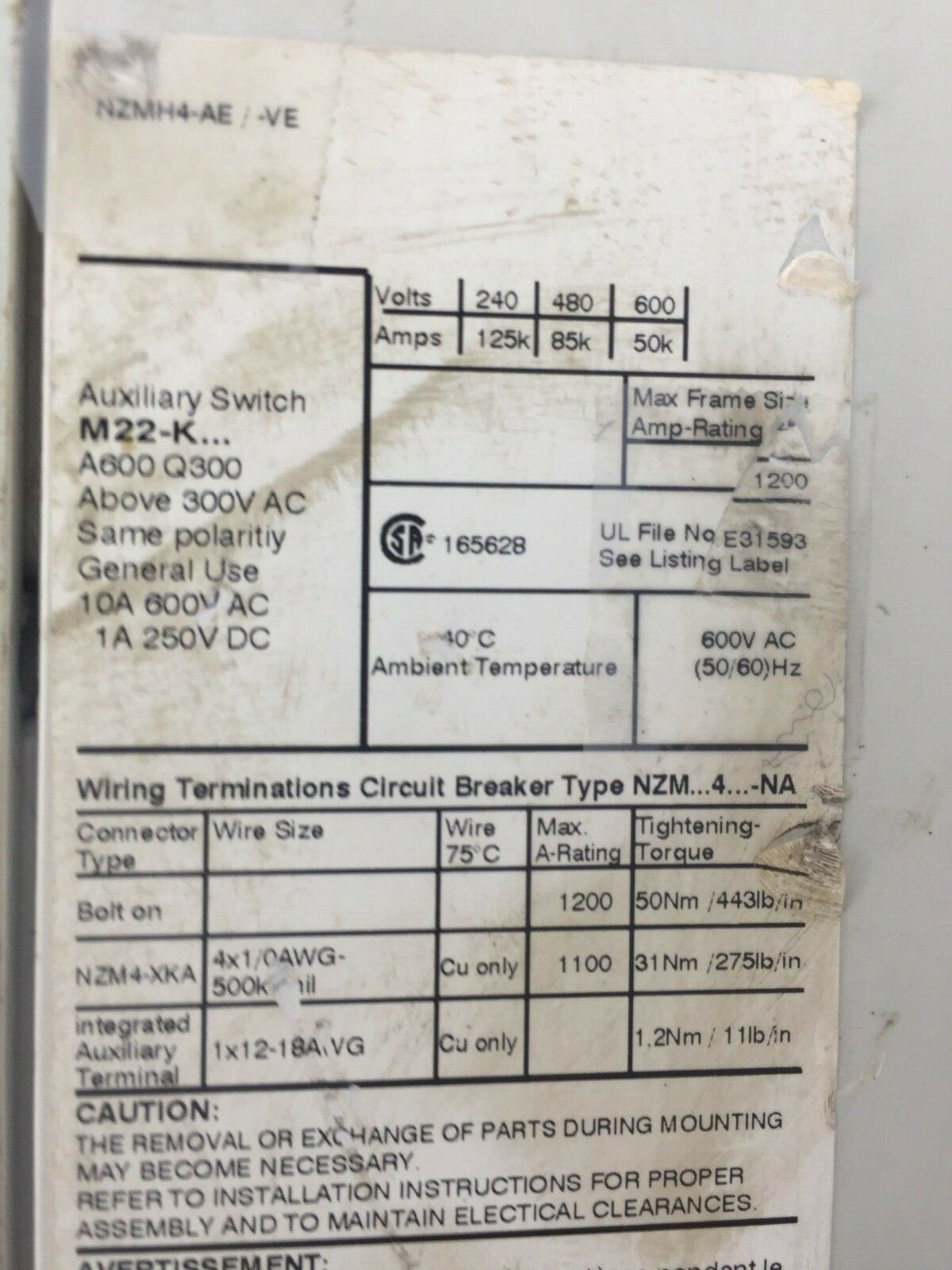 MOELLER NZMH4-AE CIRCUIT BREAKER 1200A 600VAC NZM4-XUHIV20 24VDC NZM H4-AE1