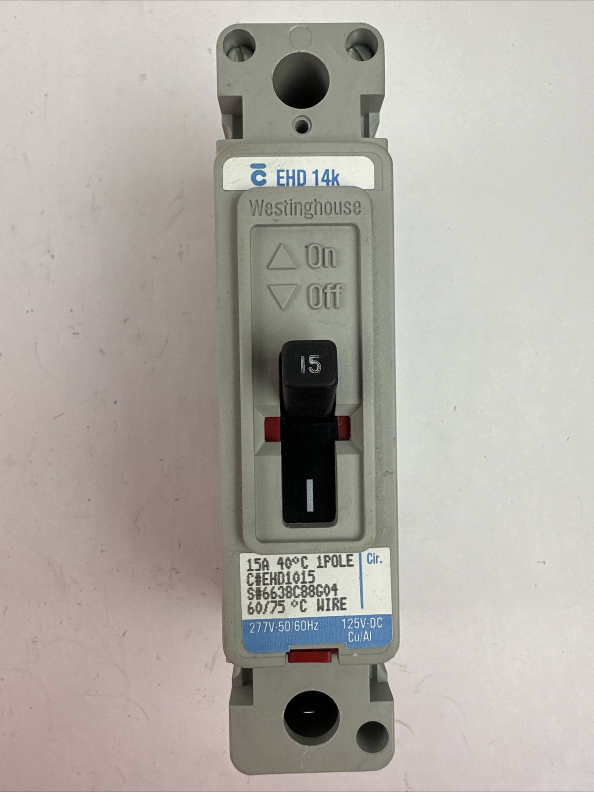 WESTINGHOUSE EHD1015 SER C IDUSTRIAL CIRCUIT BREAKER 15AMP 1POLE 277VAC 125VDC0