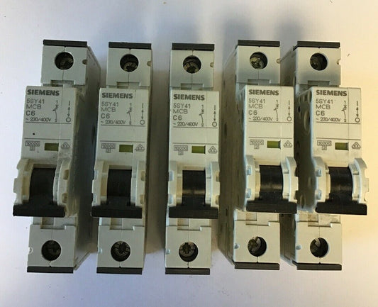 SIEMENS  5SY416-7  MCB C6, 6AMP 250VAC/400V  CIRCUIT BREAKER (LOT OF 5)0
