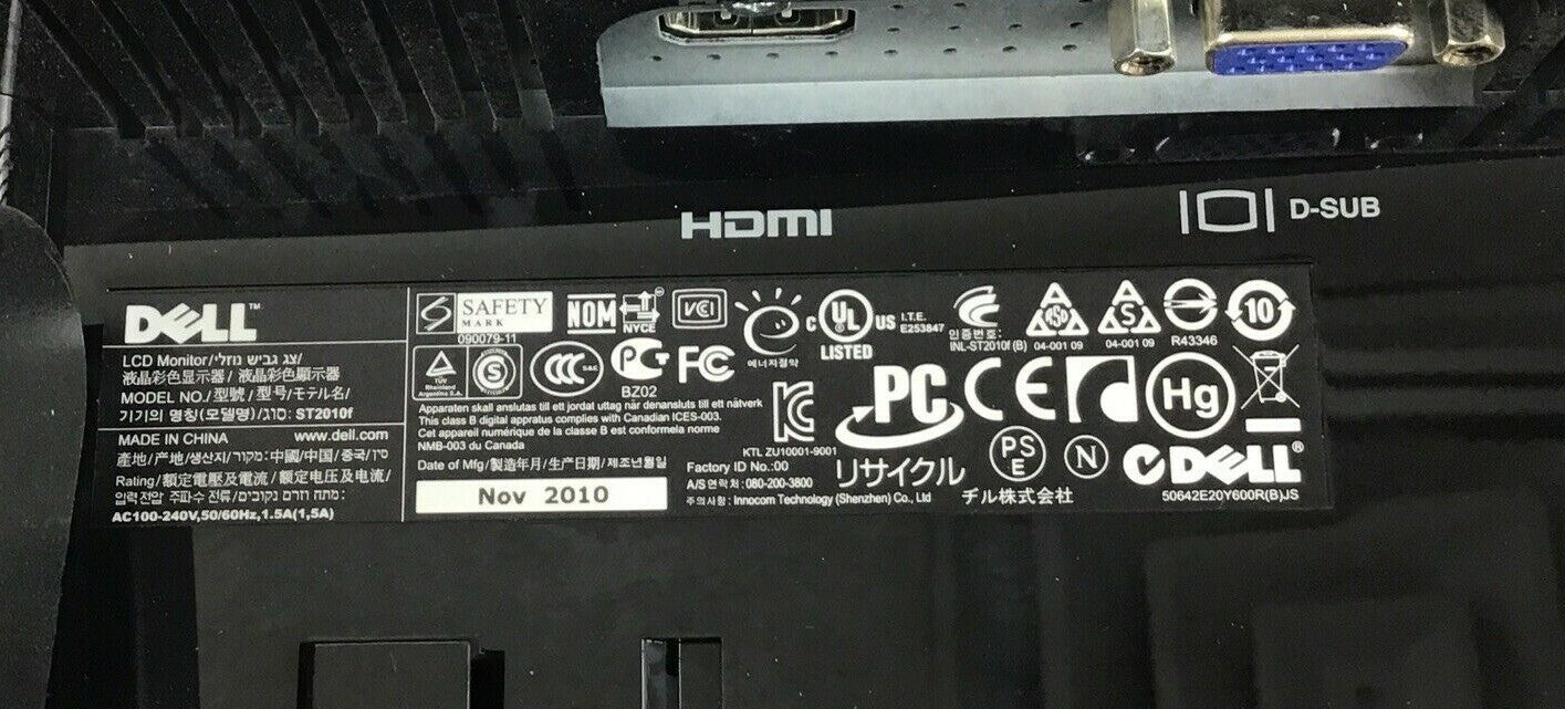 DELL ST2010F LCD MONITOR 20" 100-240VAC 50/60HZ 1.5A 3