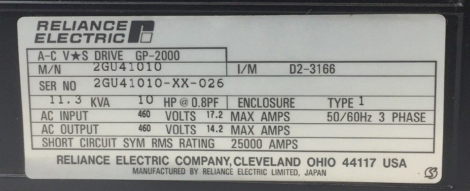 RELIANCE ELECTRIC 2GU41010 A-C VS DRIVE GP-2000 460 VAC 11.3KVA 3 PHASE1