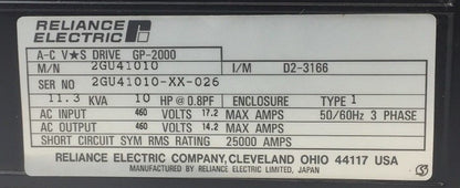 RELIANCE ELECTRIC 2GU41010 A-C VS DRIVE GP-2000 460 VAC 11.3KVA 3 PHASE1