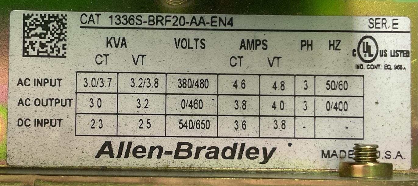 ALLEN BRADLEY 1336S-BRF20-AA-EN4 SER E AC DRIVE 2HP 460V SENSORLESS VECTOR2