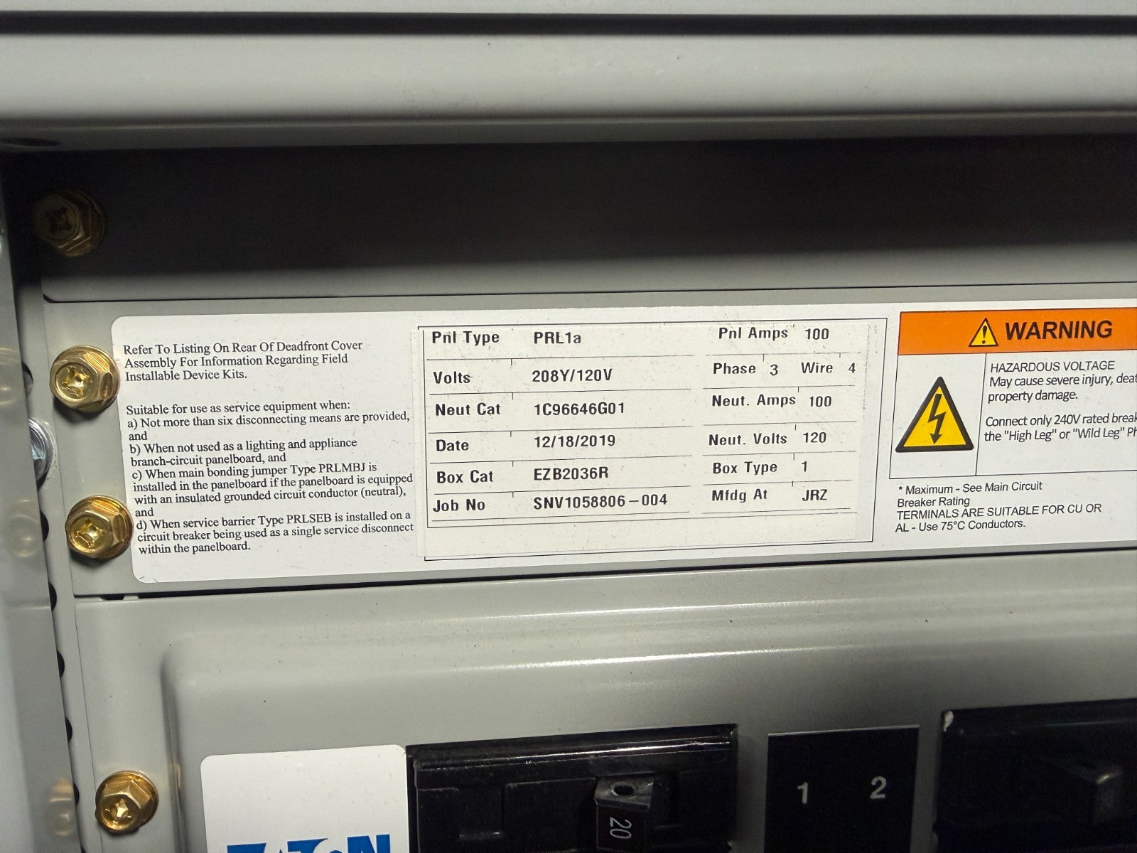 EATON PRL1a 100AMP 208Y/120V 3PH PANELBOARD W/ 20A (18)CIRCUIT BREAKERS1