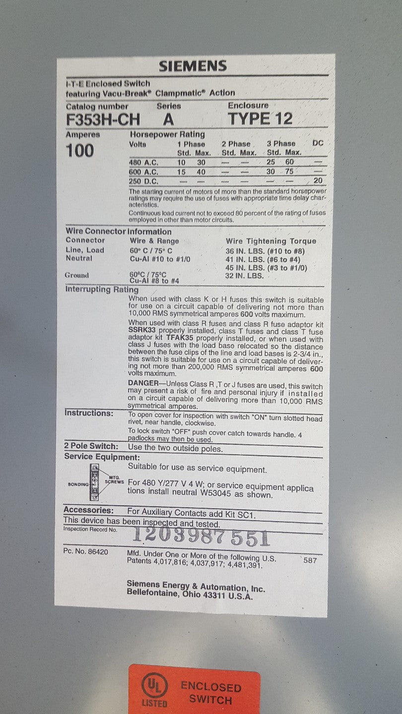 Siemens ITE 100A Fused Safety Switch Heavy Duty 600V 3PH  F353HCH2