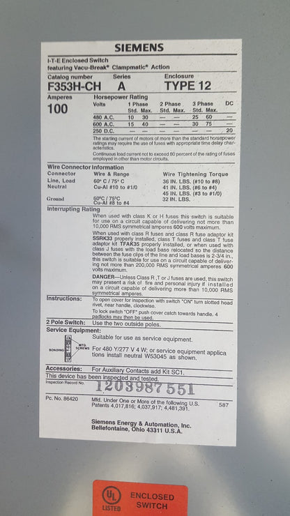 Siemens ITE 100A Fused Safety Switch Heavy Duty 600V 3PH  F353HCH2