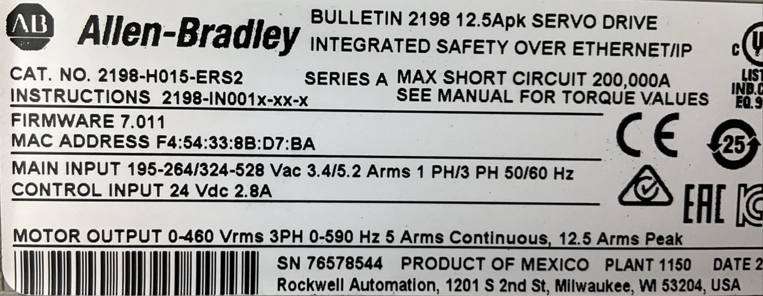 ALLEN BRADLEY 2198-H015-ERS2 FIRMWARE 7.011 SERVO DRIVE SER A1