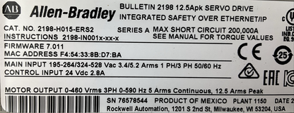 ALLEN BRADLEY 2198-H015-ERS2 FIRMWARE 7.011 SERVO DRIVE SER A1
