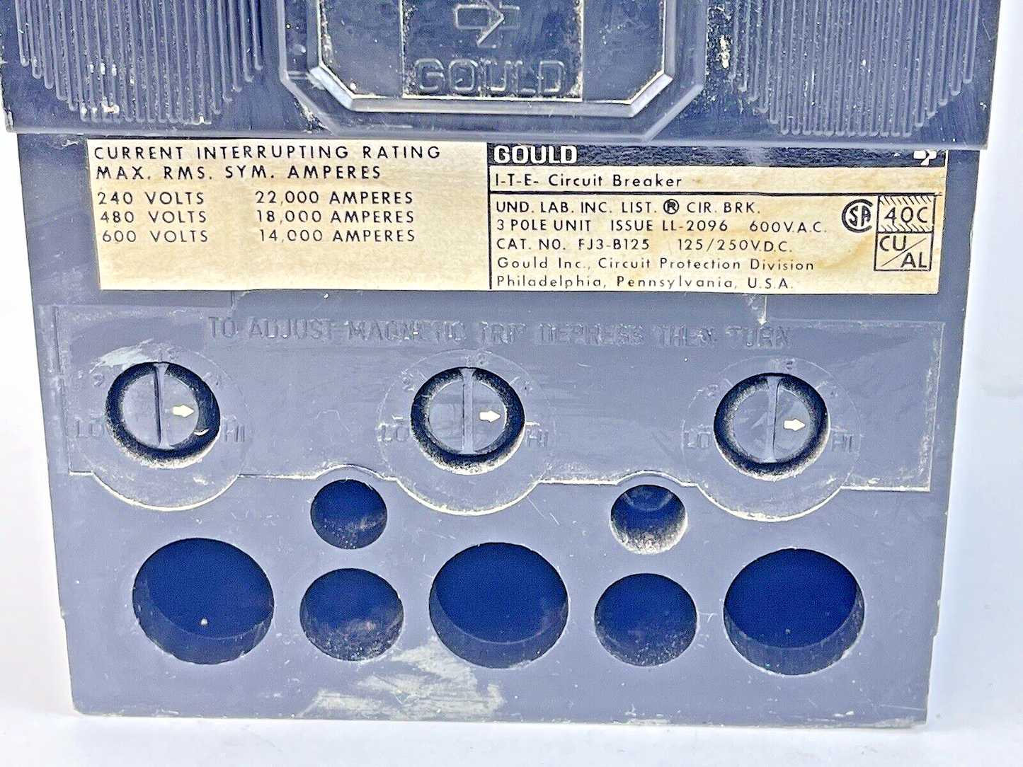 ITE/ GOULD/ SIEMENS - JL3-B125 - CIRCUIT BREAKER - 125 A, 600 VAC, 3 POLE2