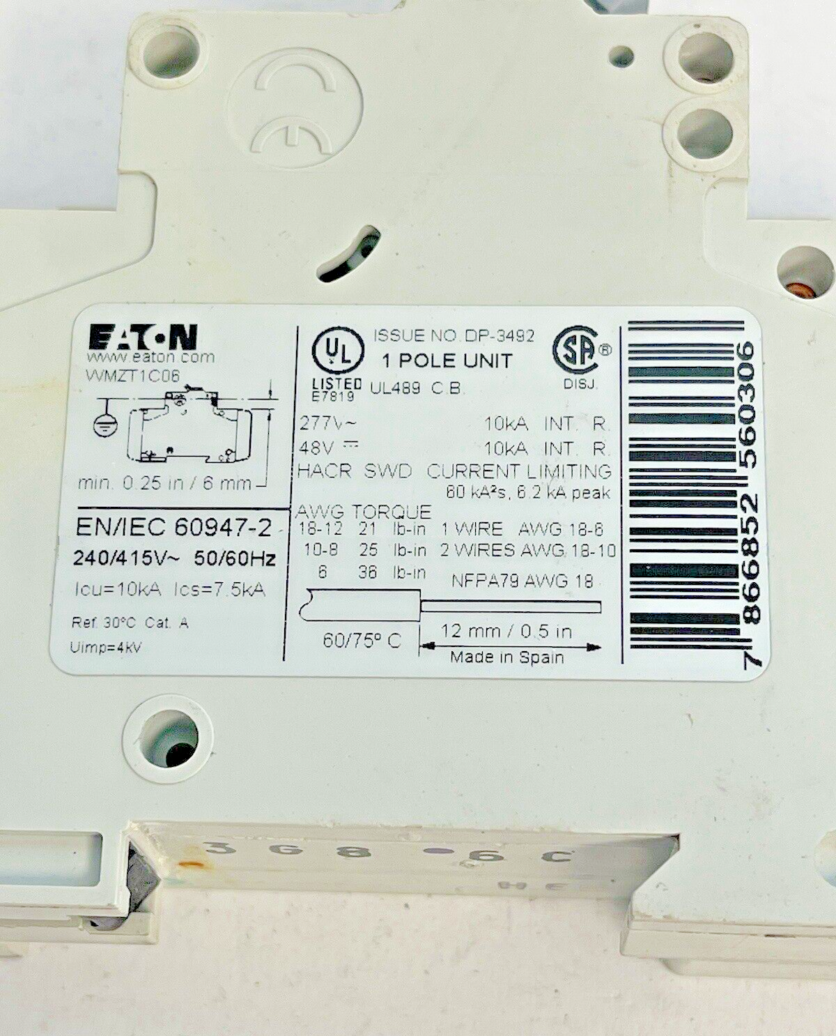 EATON - WMZT1C06 - CIRCUIT BREAKER -1 POLE,6A,277V & EATON - WMTZTAUX - CONTACT4