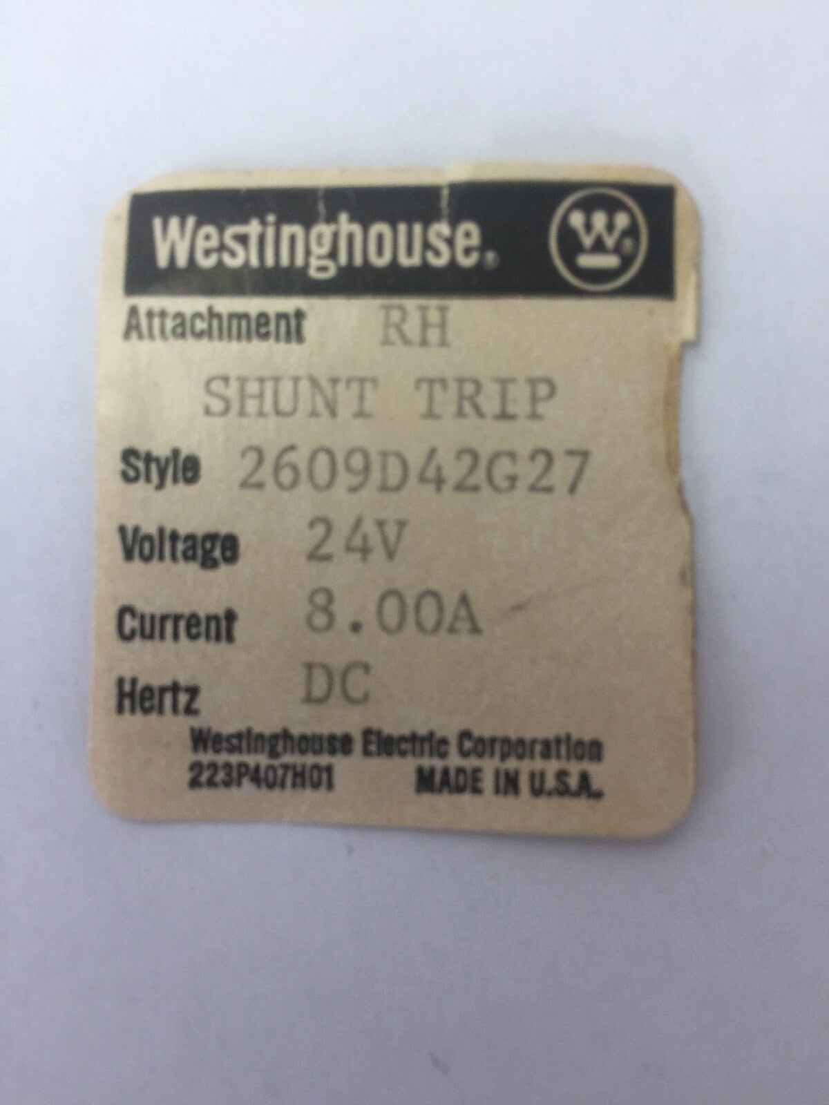 WESTINGHOUSE/CUTLER HAMMER 2609D42G27 RH SHUNT TRIP 24VDC 8.0A1