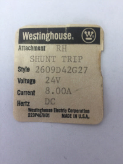 WESTINGHOUSE/CUTLER HAMMER 2609D42G27 RH SHUNT TRIP 24VDC 8.0A1