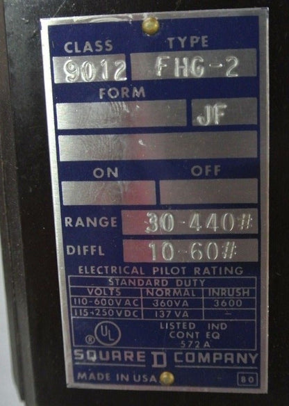 SQUARE D 9012 FHG-2 DIFFERENTIAL PRESSURE SWITCH - SET 205-215psi - NEW SURPLUS1