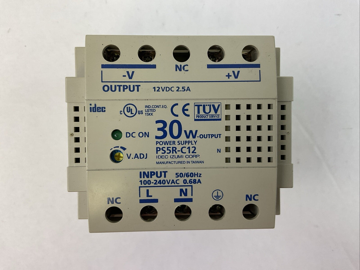 IDEC PS5R-C12 POWER SUPPLY OUTPUT 12VDC 2.5A 30W INPUT 100-240VAC 50/60HZ 0.68A0