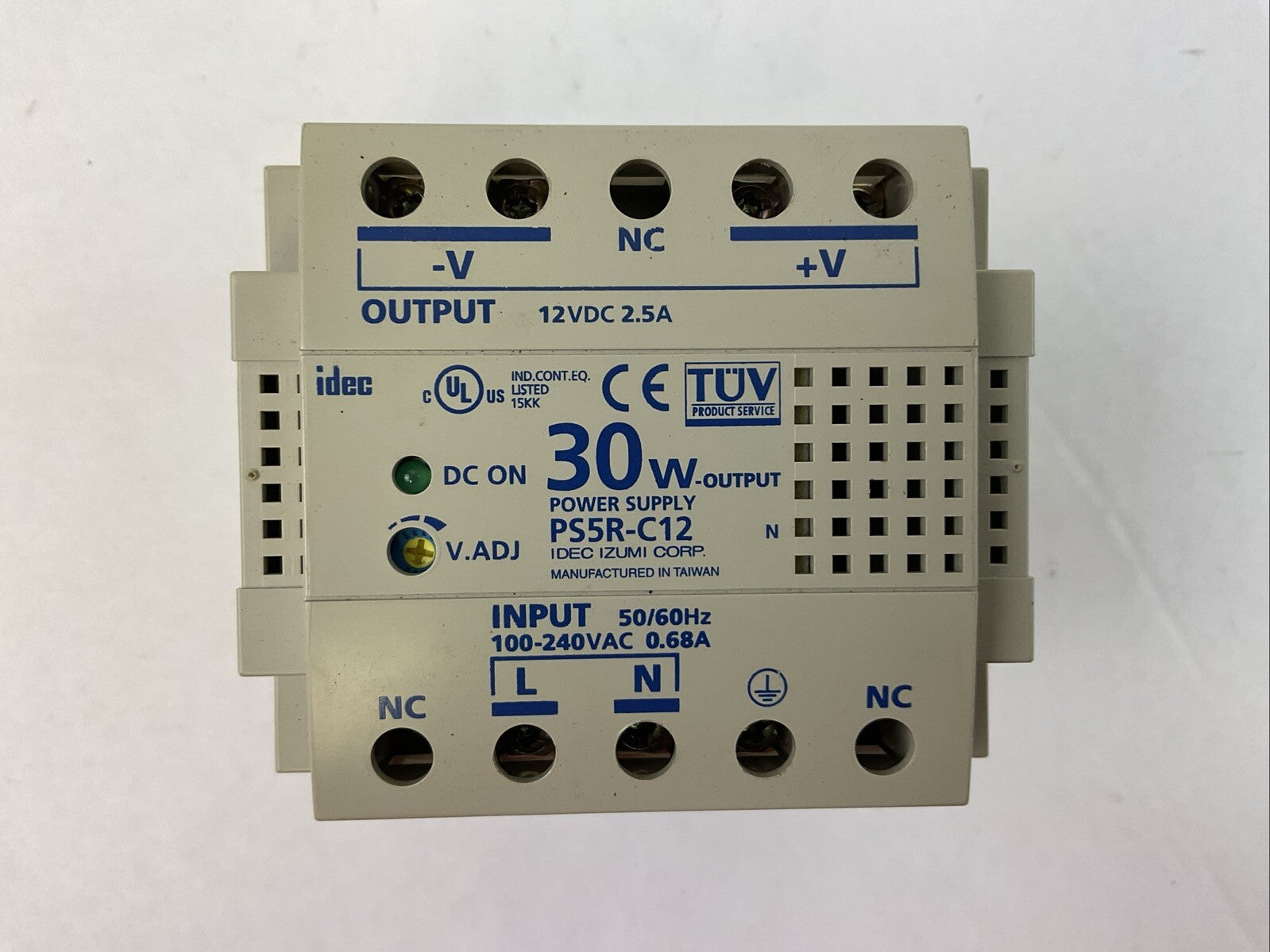 IDEC PS5R-C12 POWER SUPPLY OUTPUT 12VDC 2.5A 30W INPUT 100-240VAC 50/60HZ 0.68A0